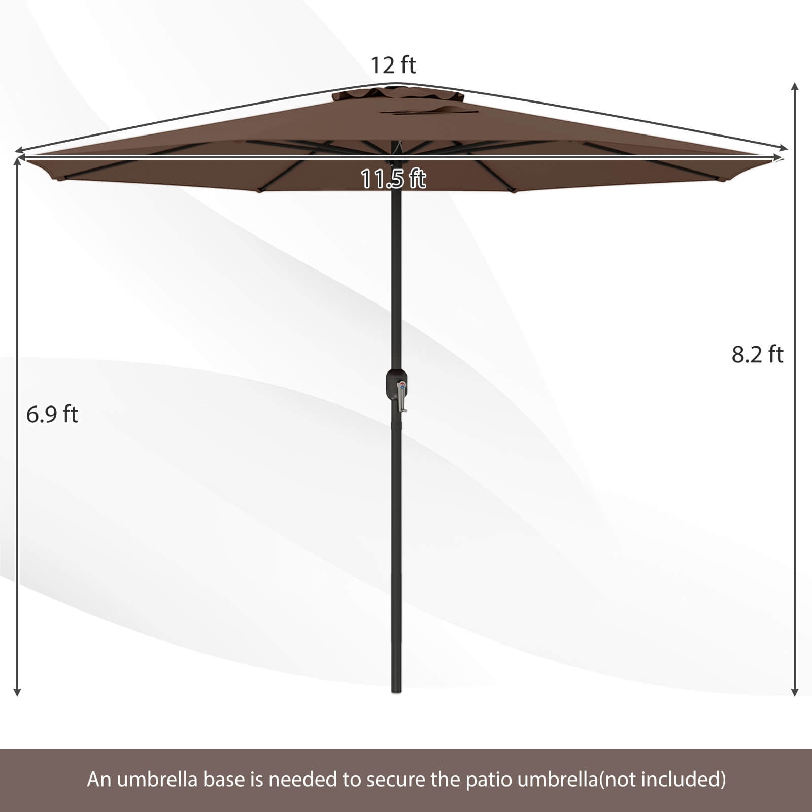 Costway 12 FT Patio Umbrella Outdoor Market Umbrella with Crank Handle 8 Sturdy Ribs Coffee