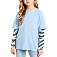 thumbnail image 2 of T Shirts for Girls Casual Solid Color Crewneck Faux Layered Long Sleeve Striped Tops 2 in 1 Loose Fit Fashion Wear, 2 of 5