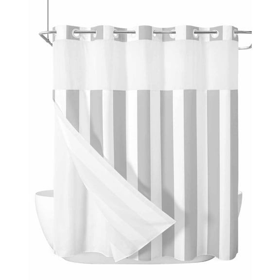 No Hook Shower Curtain with Snap-in Liner, Grey Striped Waterproof Fabric Bathroom Curtains, Modern Farmhouse Gray White Stripes Bath Curtains & Mesh Top Window Stand Up Stall 66"x72"