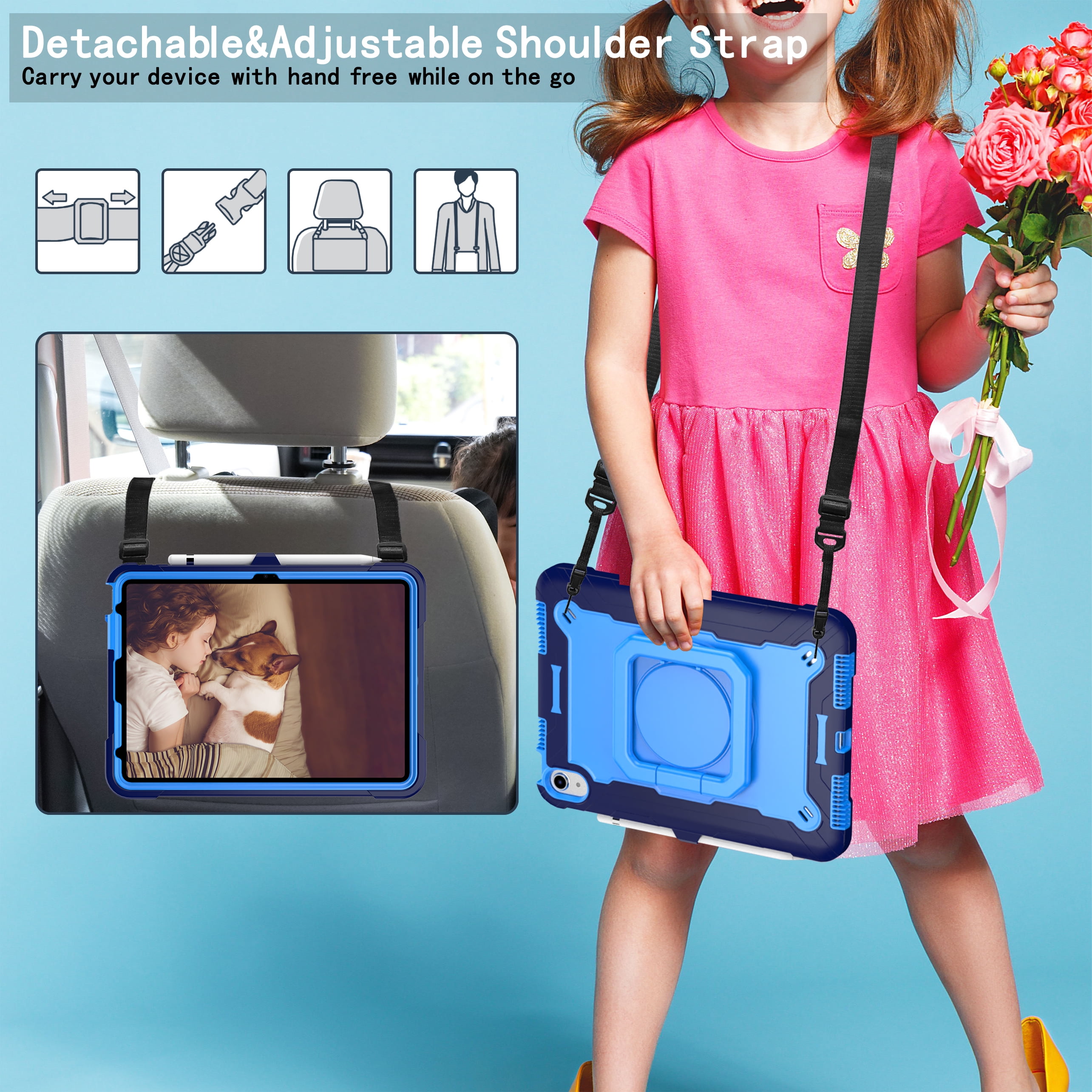 Dteck iPad 10th Generation Case, New iPad 2022 10.9 inch Rugged Case with Screen Protector, Rotating Stand/Pencil Holder/Carrying Shoulder Strap,Blue