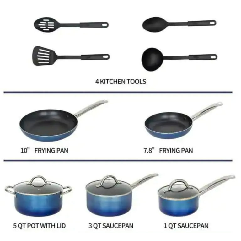 Nonstick 12 Piece Set 9.75'' Pot, 8'' & 5.5'' Frying Pans Cookware