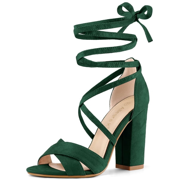 Sandalias De Mujer Con Tacón En Bloque Y Cordones Verde 6.5