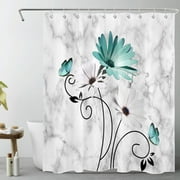 HVEST Teal Daisy Shower Curtain for Bathroom,Butterfly with White Floral on Grey and White Marble Fabric Shower Curtain with Hooks,Modern Abstract Farmhouse Bathroom Curtains Shower Set,60x72 inches