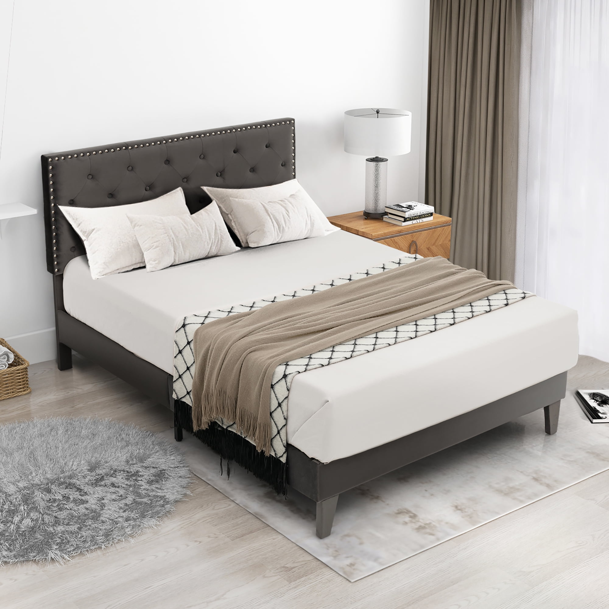 Costway Full Bed Frame Upholstered Platform Bed with Tufted Headboard Mattress Foundation