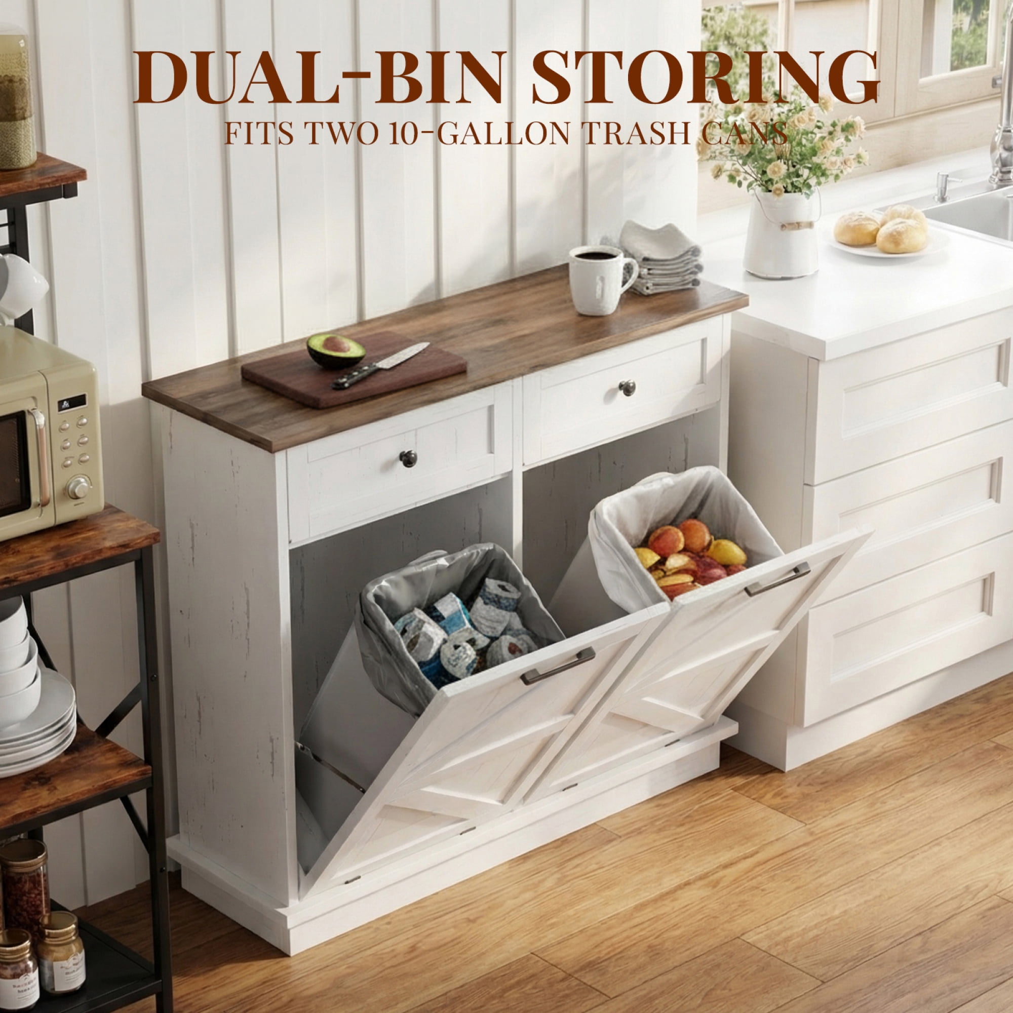 HOQBN Tilt Out Trash Can Cabinet, Farmhouse Wooden Double 10-Gallon Hidden Garbage Bin with Drawer, Dog Proof Storage Cabinet for Kitchen, Laundry and Living Room Brown+White