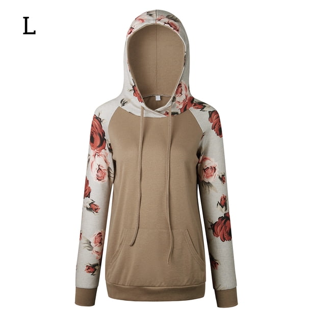 Sudadera con capucha para mujer, estampado floral, manga larga, bolsillo, suéter con capucha, top, caqui, l Inevent AP000831-03