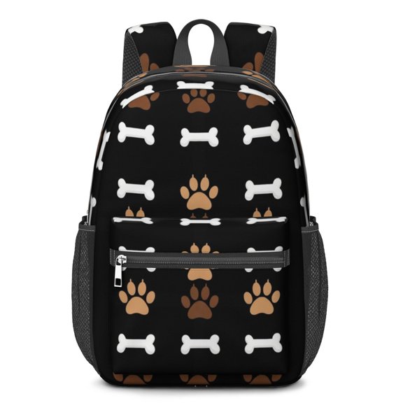 Dog Paw Print and Bone Black 17" School Backpacks for Teens,Waterproof Oxford Fabric,S-Shape Padded Straps for School,Travel,Hiking,Camping