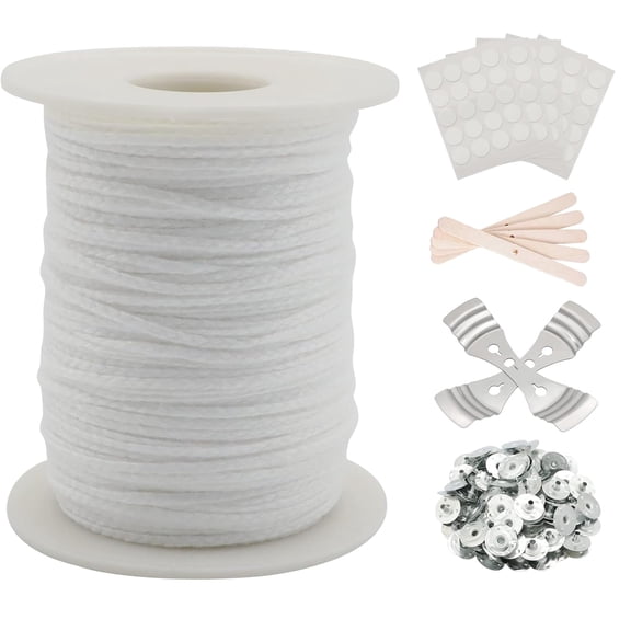 Candle Wick Roll, 200 Ft 24 PLY Braided Wick Spool, 2 Pcs Metal Candle Wick Holders,5Pcs Candle Wick Holders， 100 Pcs Metal Sustainer Tabs, 100 pcs Candle Thread Stickers for Candle DIY Craft Making