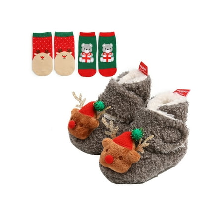 

Michellecmm Baby Girls Boys Christmas Booties and Socks Set Winter Warm Fleece Ankle Crib Shoes and Socks 3 Piece set