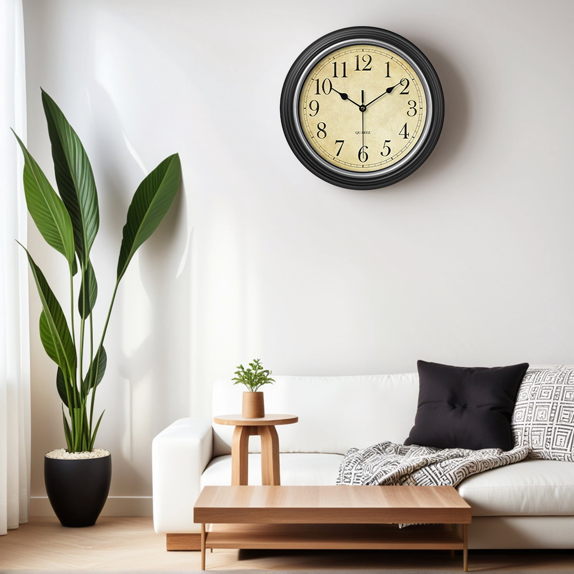 Unique Bargains Battery Operated Non Ticking Wall Clock Black White