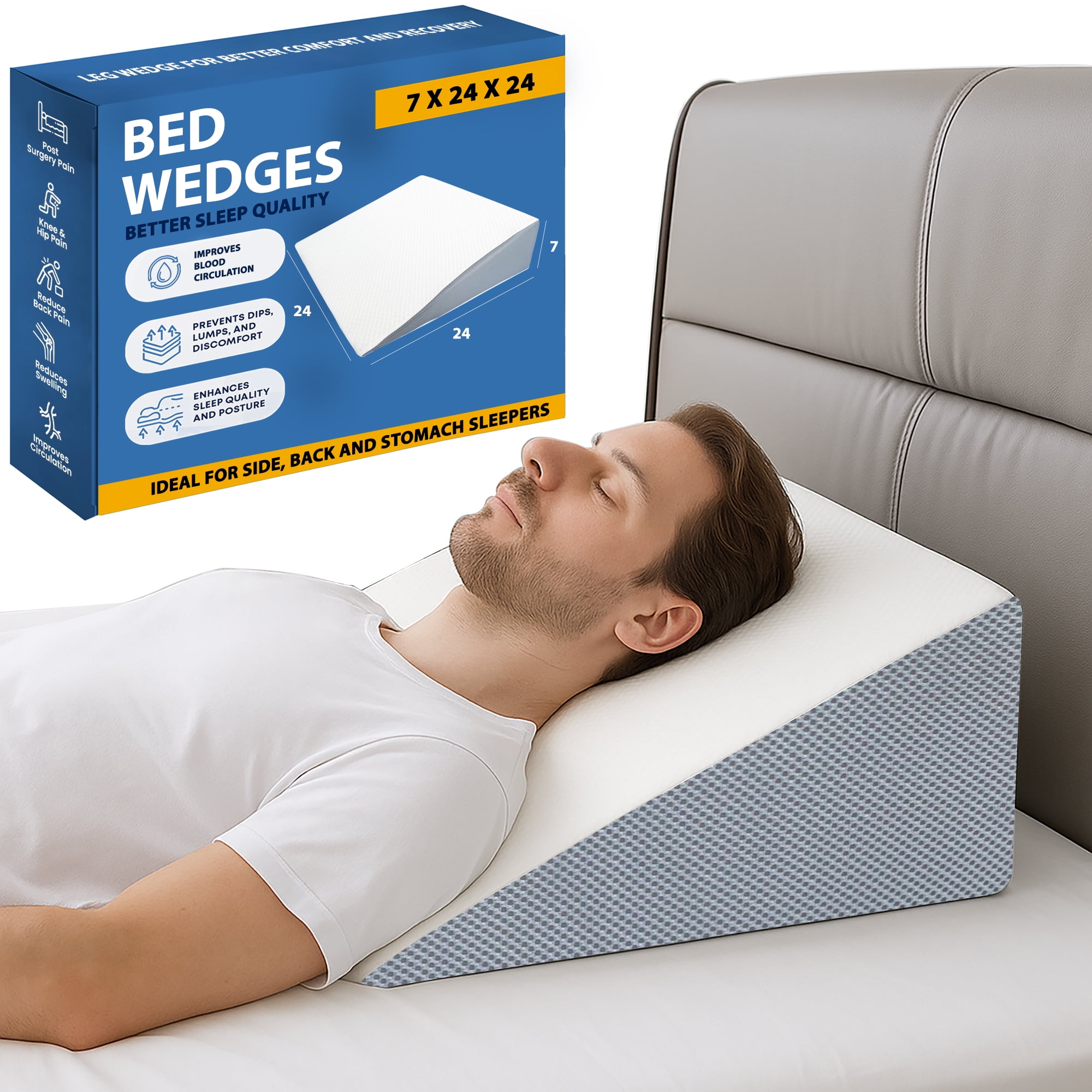 Continental Sleep, 24-Inch Bed Wedge Pillow with High Density Foam, Stylish Chic Jacquard Cover, Wedge Pillow for Sleeping, Reading, Watching TV, White