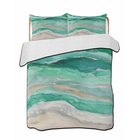 Green Coastal Summer Quilt Set Twin Size, Soft Microfiber Quilted Bedding Set with 2 Pillow Shams, Summer Beach Nautical Abstract Art Lightweight All Season Bedspread Coverlet for Bedroom 68"x86"