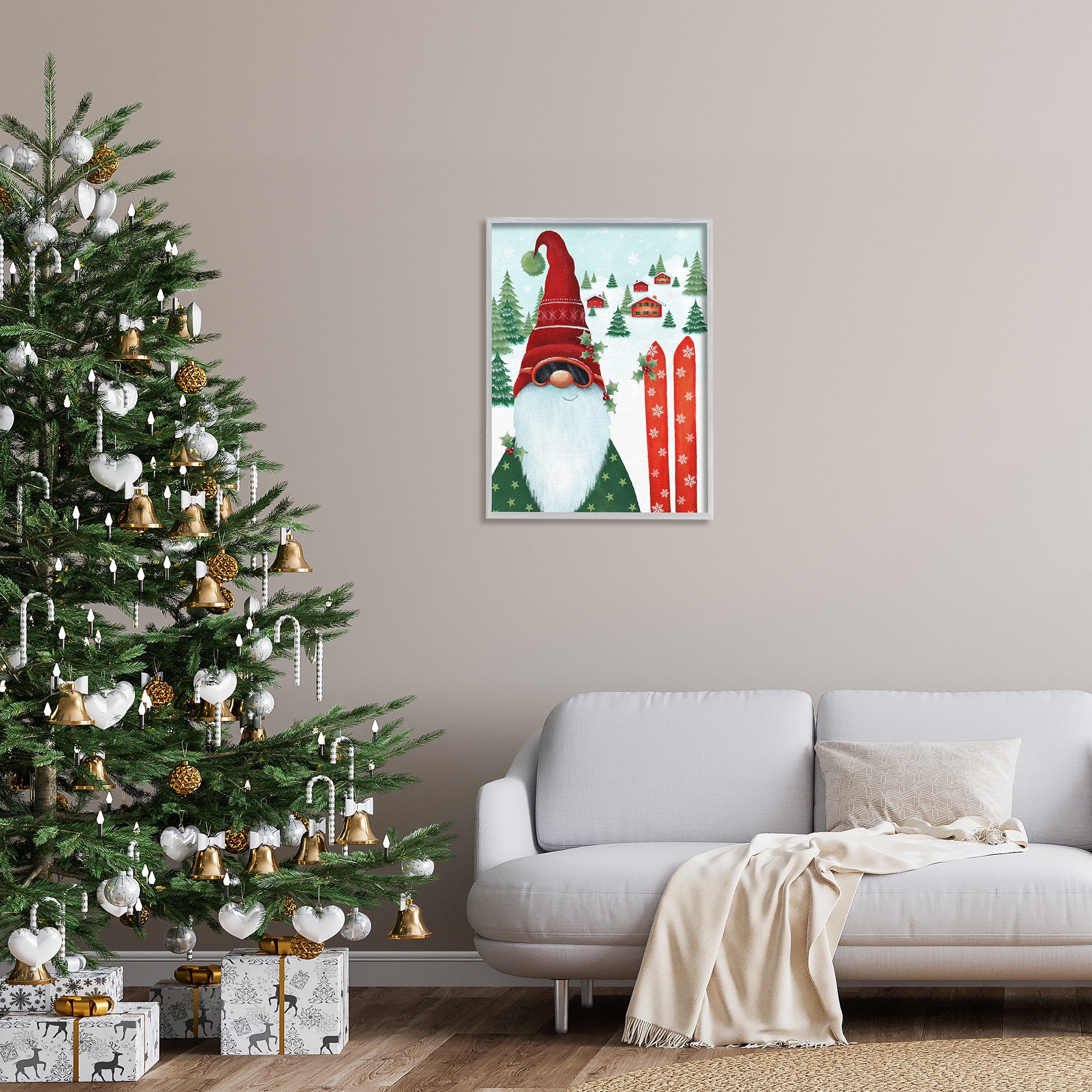Stupell Industries Gnome Skiing Winter Slopes Holiday Painting Gray Framed Art Print Wall Art, 24 x 30