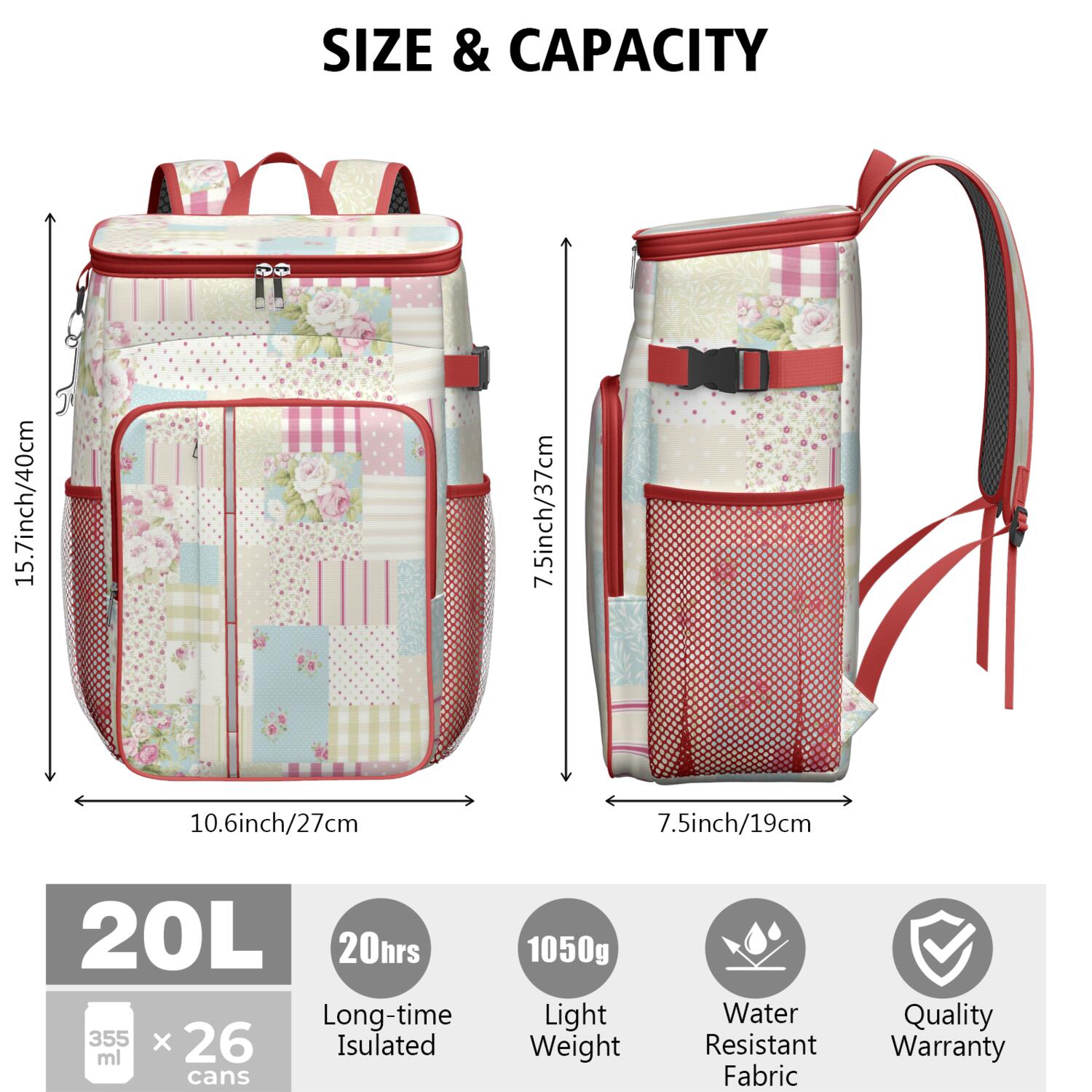 Travel Cooler Bag - Pioneer Flower Floral Print Pattern Camping Beer Cooler Backpack with Bottle Opener- Waterproof Insulated Picnic Backpacks - Cooler Bag for Beach
