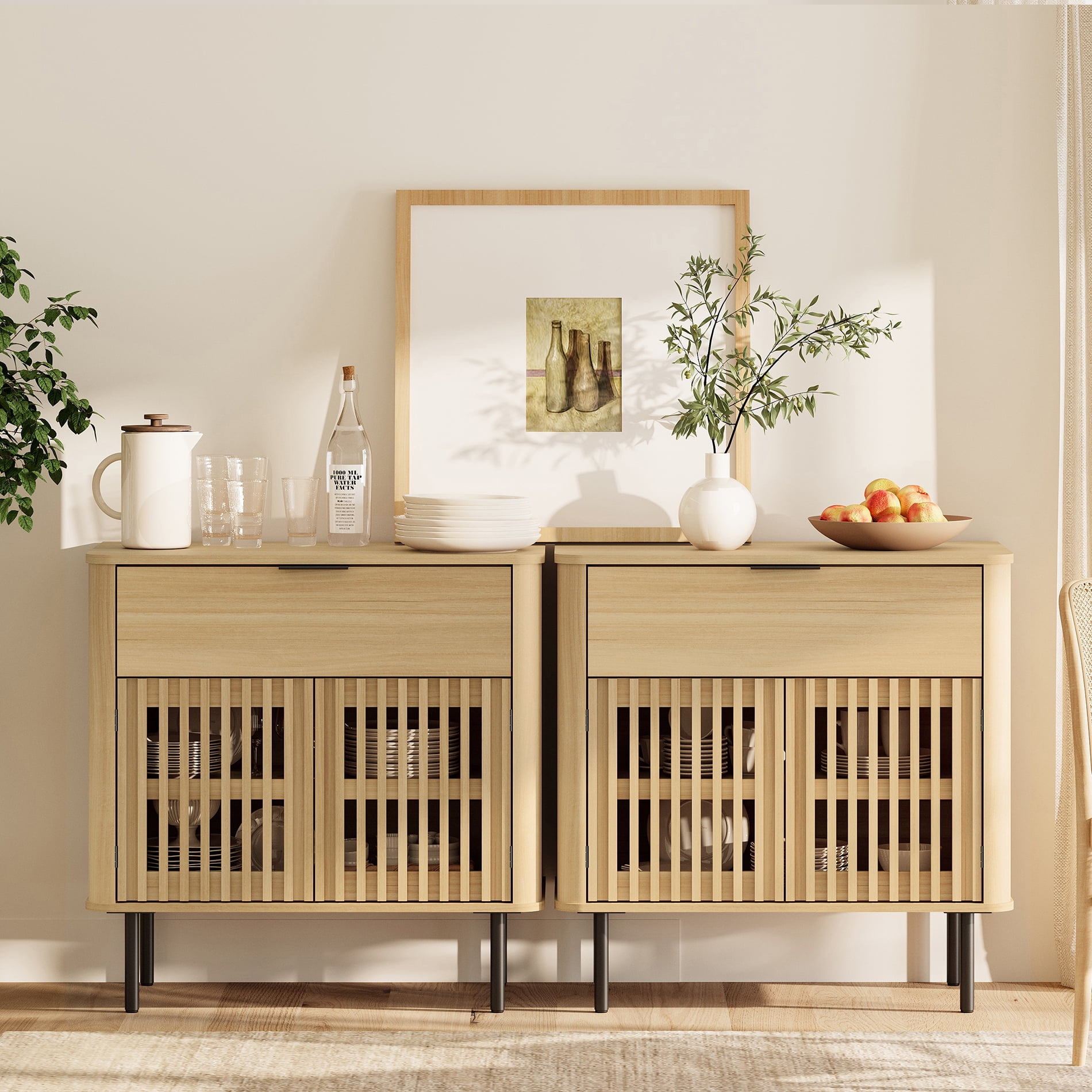 63" Sideboard Buffet Cabinet with Storage - Mid Century Modern Accent Coffee Bar for Dinning Room, Living Room, Entryway, Oak