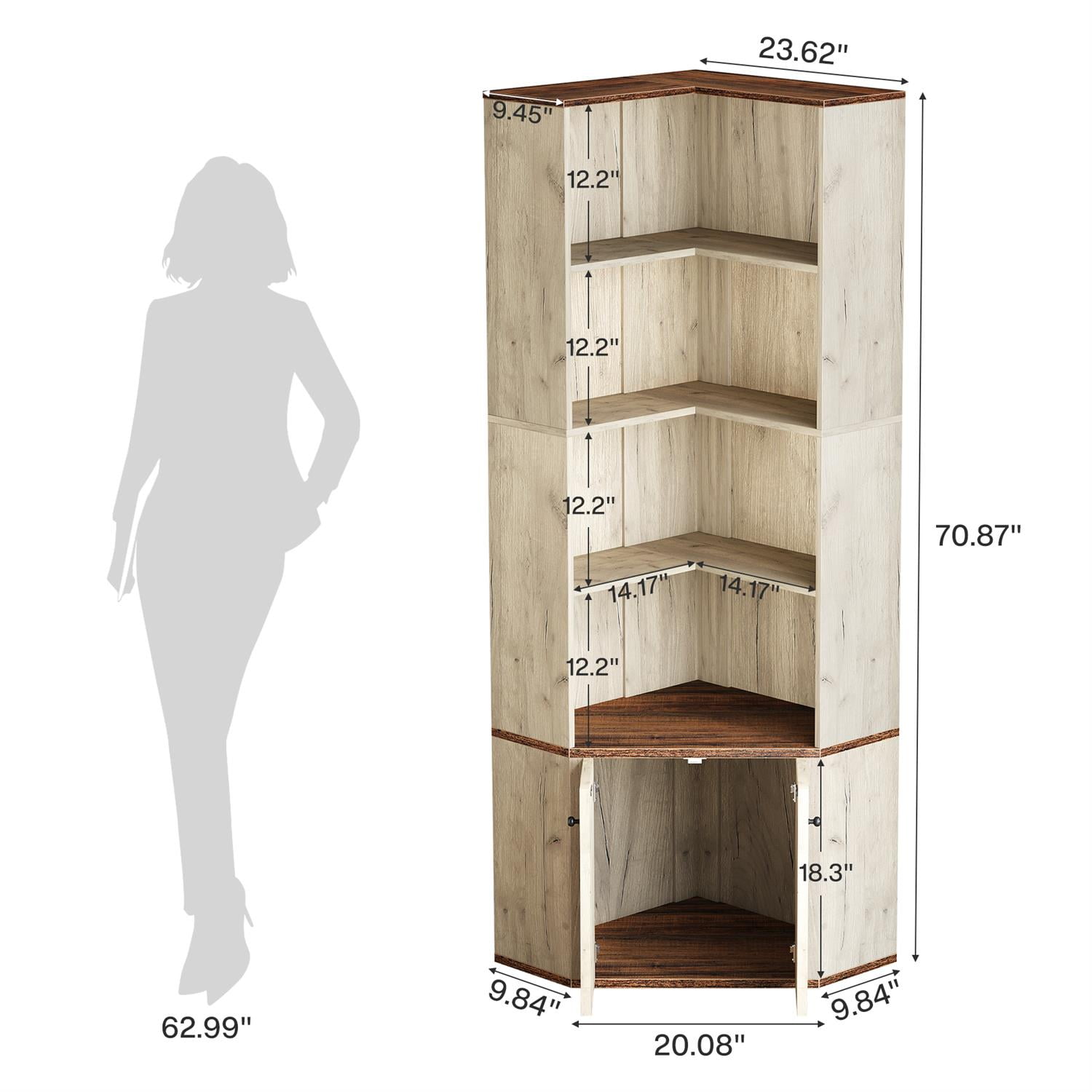 Demi Bonn 70" Rustic Corner Cabinet, Multi-Level Corner Shelf, Space-Saving Storage for Living Room, Corner Organizer, Brown