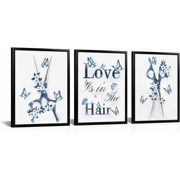 Hieng Hair Salon Wall Art Blue Barber Shop Pictures Butterfly Scissors Design Canvas Prints Love is in the Hair Sign(only canvas)