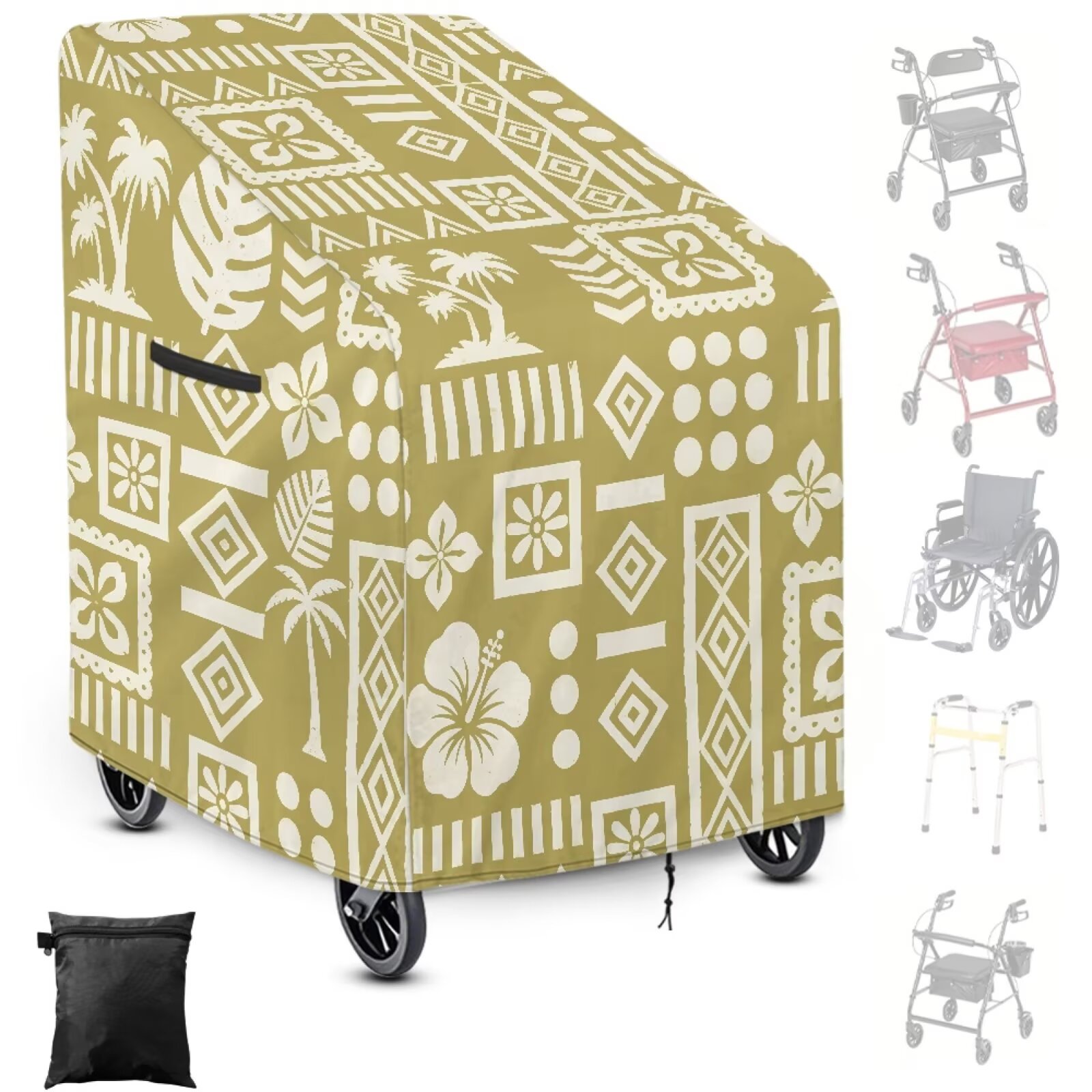 ZIATUBLES All-Weather Rollator Walker Cover, Dustproof Protective Cover for Rolling Walker with Seat, Secure Windproof Design, Easy-On with Storage Pouch, Tribal Hawaiian Hibiscus Palm Print