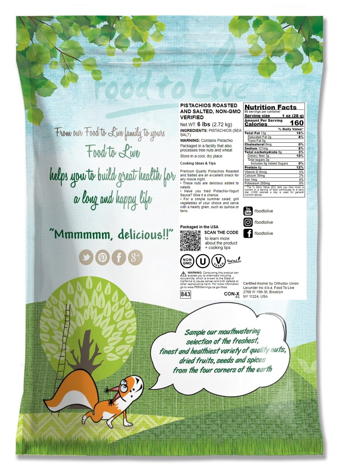 Pistachios Roasted and Salted, 6 Pounds - Kosher, Vegan - by Food to Live