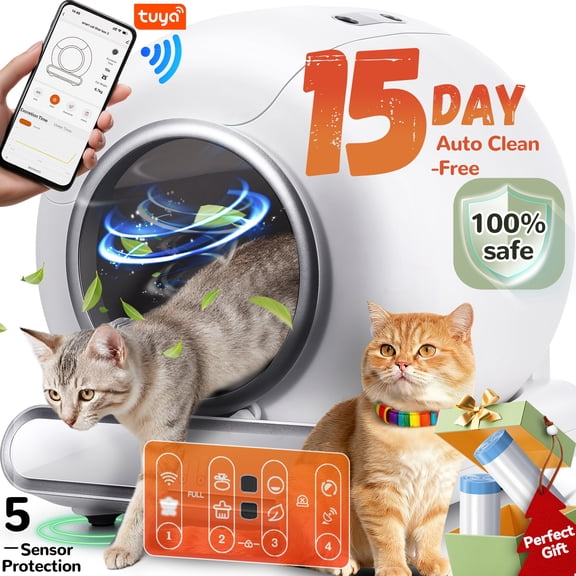 Automatic Cat Litter Box, 110L Self Cleaning  Litter Box with APP Control, Odor Removal, Safety Protection, 65L 9L Large Capacity, Litter Box with 2 Liners & Baffle Plate