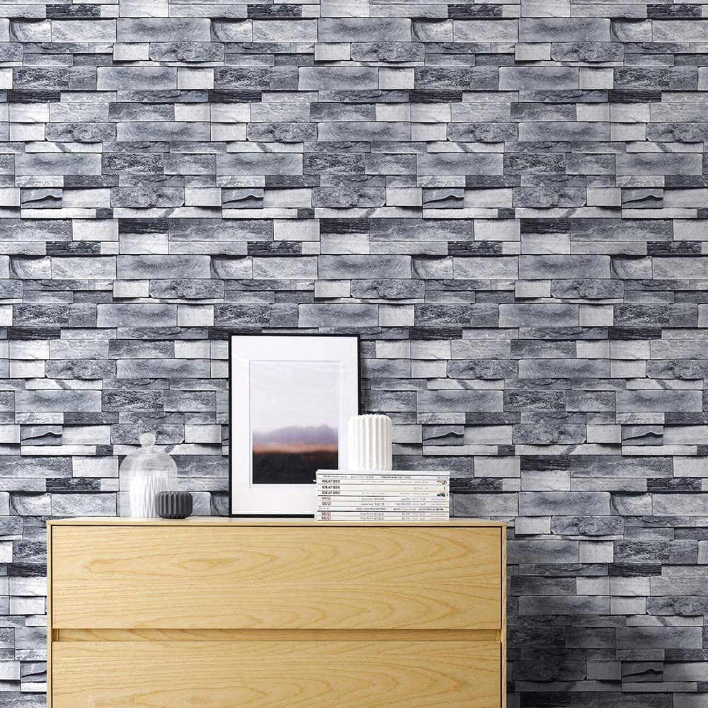 Peel and Stick Faux Brick Stone Wallpaper 17.7in x 19.7ft Gray Vinyl Self Adhesive Decorative