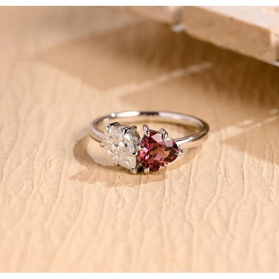 Jewelerix Toi Et Moi Heart & Pear Cut Ring 2 CT Moissanite Diamond Engagement Ring Antique Plated White Gold Ring Birthday Gift for Sister