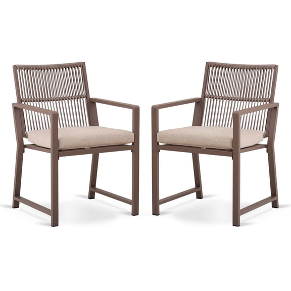 Patio Dining Chairs Metal Outdoor Chairs with Removable Cushion, 105° Ergonomic Backrest, Handcrafted Woven Design, Weather Resistant Indoor Outdoor Chair for Porch Kitchen - Set of 2, Brown