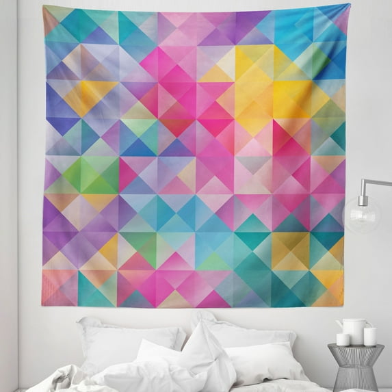 Geometric Tapestry, Abstract Blurry Image of Squares Lines Ombre Like Mosaic Honeycomb Grid Art Print, Fabric Wall Hanging Decor for Bedroom Living Room Dorm, 5 Sizes, Multicolor, by Ambesonne