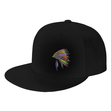 DouZhe Flat Brim Cap Snapback Hat, Colorful Feathers Native American Prints Adjustable Black Adult Baseball Cap