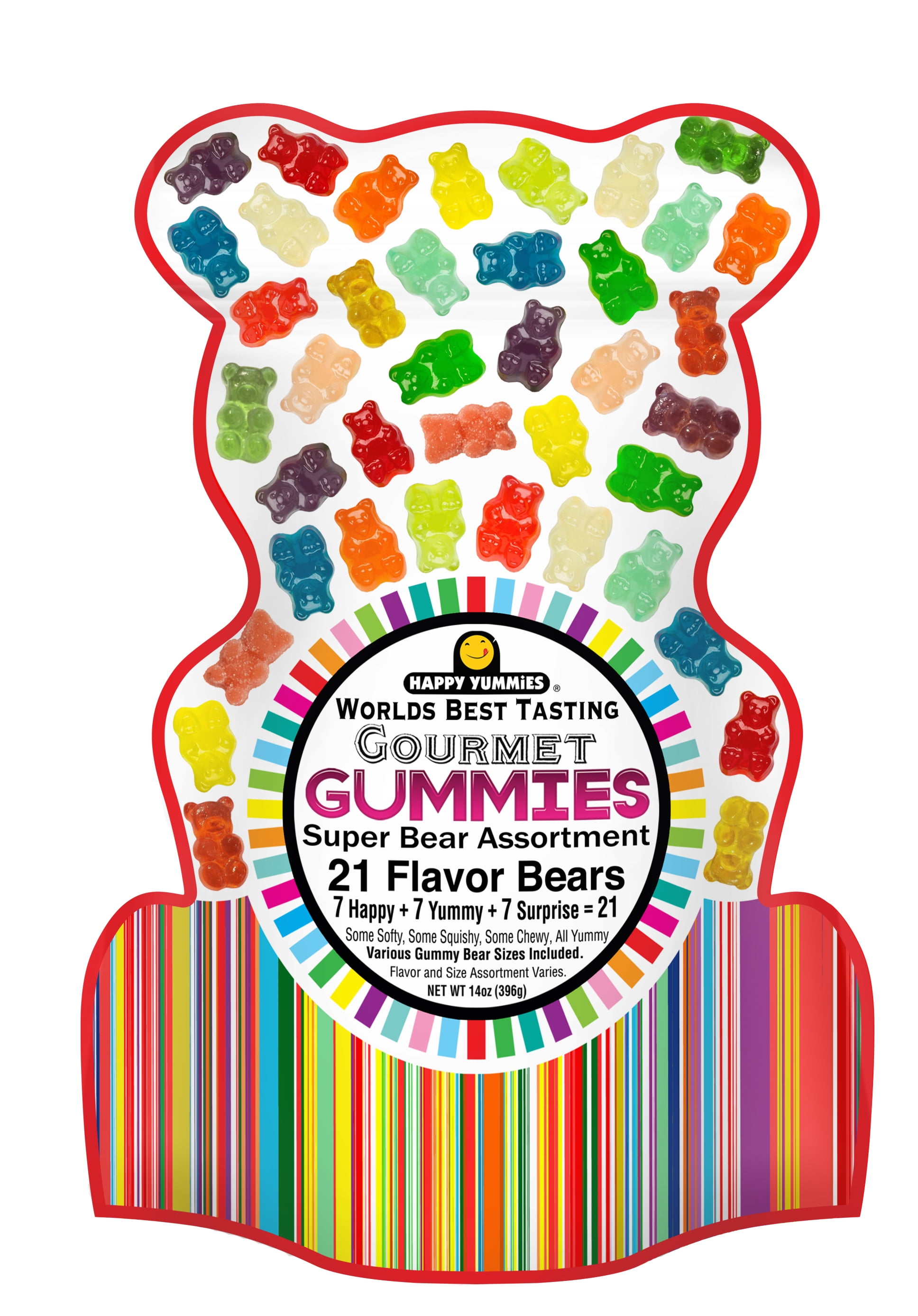 6 PACK Happy Yummies Gummy Bears 14oz Bear Bag Family Pack Mega Assortment of 21 Delicious