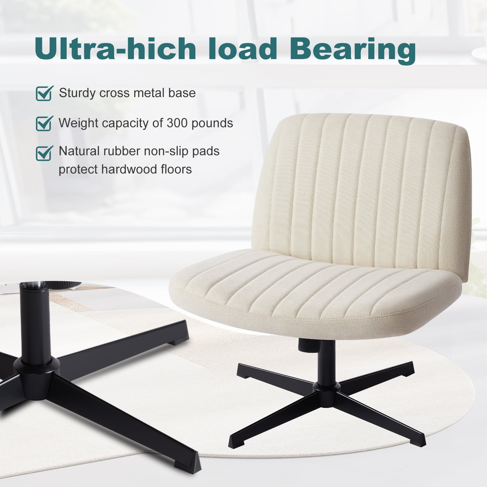 JIOABL Criss Cross Chair with Wheels,Wide Seat Ergonomic Desk Chair,U Shaped Backrest,Height Adjustable Armless Swivel Chair for Home Office,Vanity & Living Room,Linen Beige