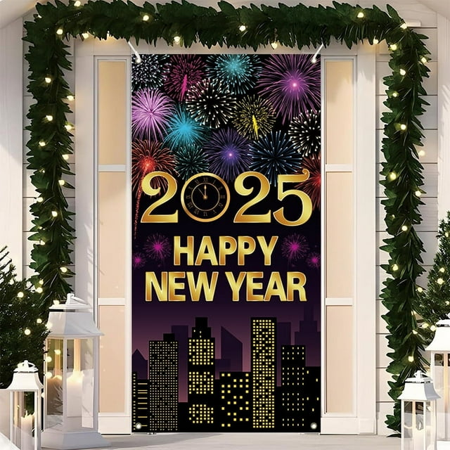 Cubierta de puerta de feliz año nuevo, pancarta de puerta de decoración de fiesta de año nuevo 2025, suministros de fiesta de víspera de año nuevo Letrero de bienvenida