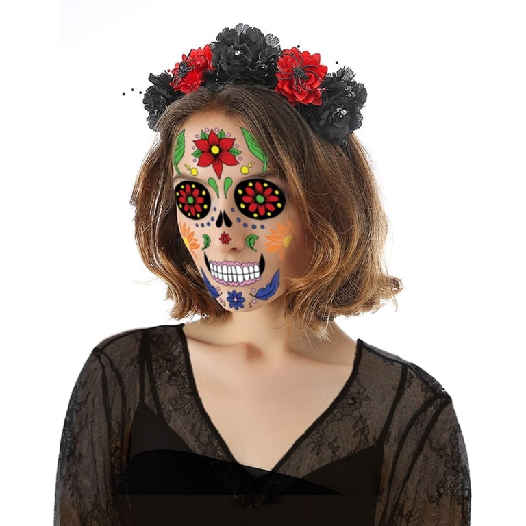 HOWAF 2pcs Day of The Dead Headband Spider Skull Rose Flower  display picture 1