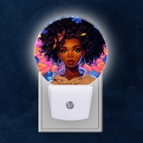 Night Light Plug into Wall,Dusk to Dawn Sensor Auto-On/Off for Bathroom, Hallway,Kids Room-Black Woman With Curly Hair Adorned In Vibrant Butterfly Wings