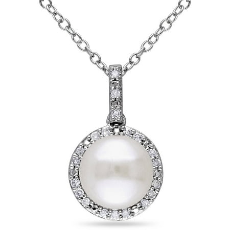 Miabella 8-8.5mm White Button Cultured Freshwater Pearl and Diamond-Accent Sterling Silver Halo Pendant, 18