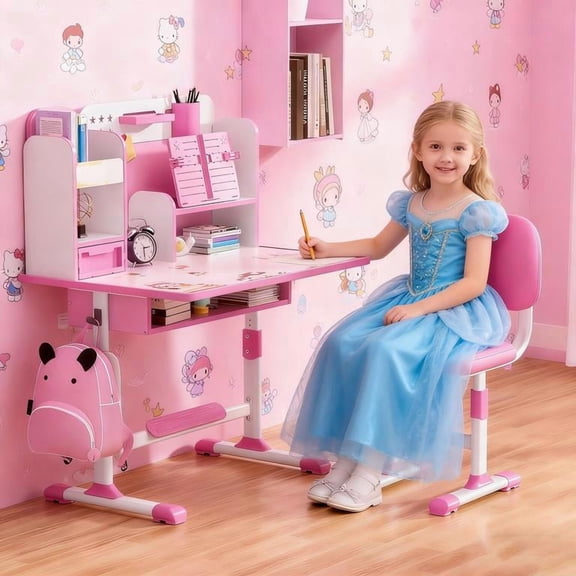 YNCE 2Pcs/Set Kids Kids Functional Desk and Chair Set,Height Adjustable Children School Study Table Chair Set with Sitting Corrector,Student Writing Ergonomic Desk Chair with Book Stand