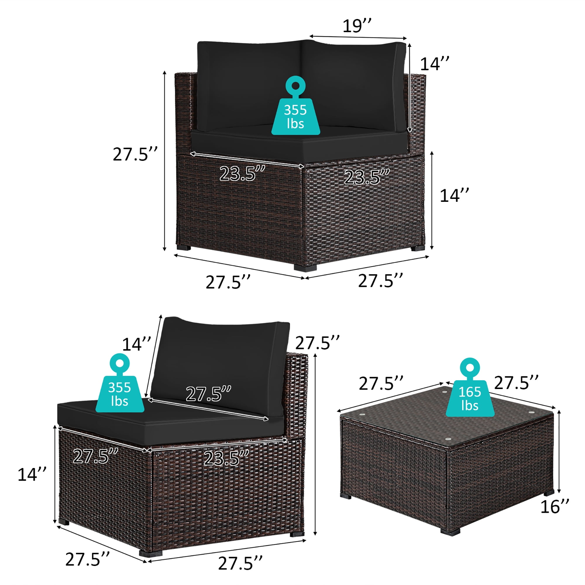 Costway  6PCS Patio Rattan Furniture Set Sectional Cushioned Sofa Deck Black