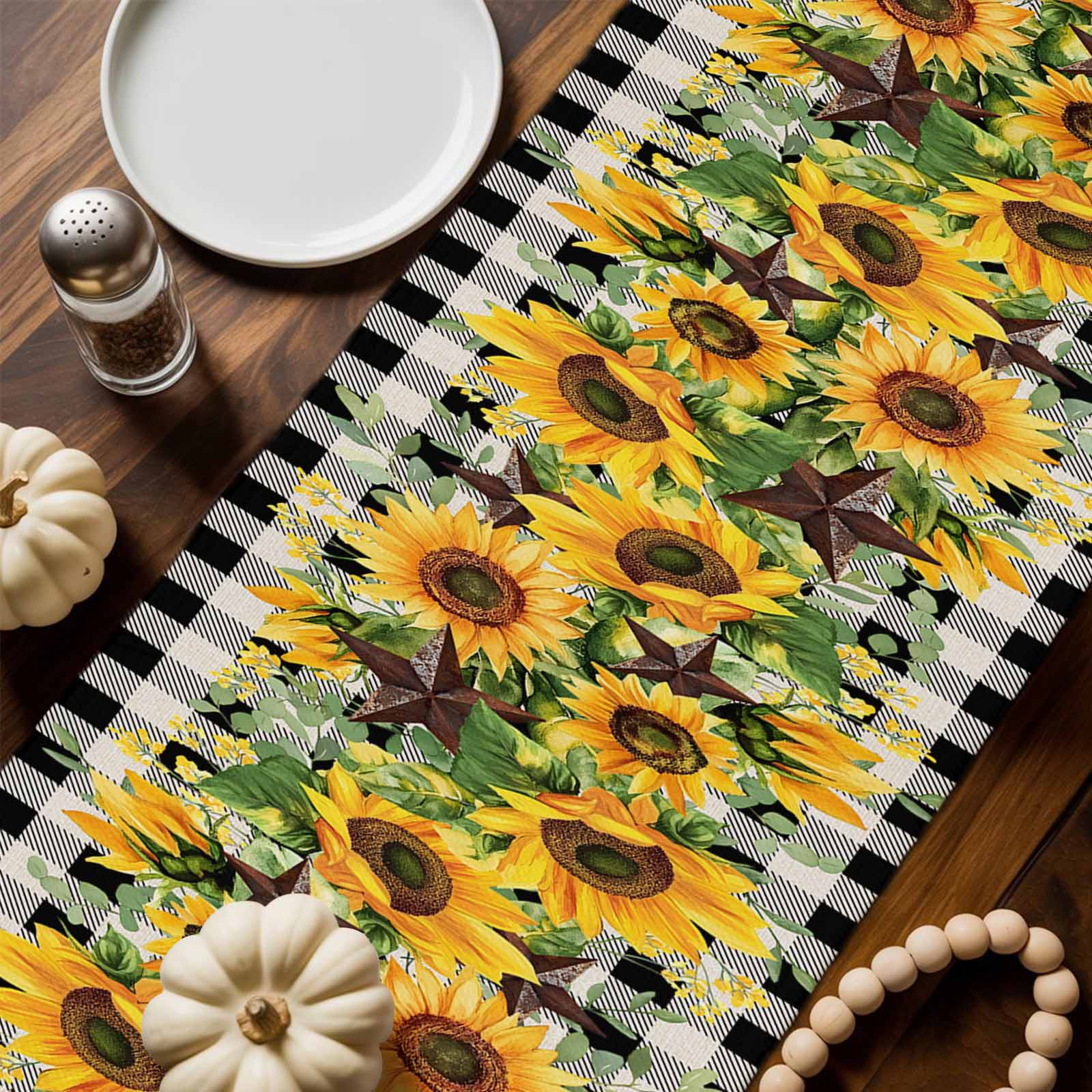 Texas Star Sunflower Cotton Linen Table Runner, Washable Table Runners for Kitchen, Dining Room, Holiday, Home Party Table Decor, 13x90 Inches