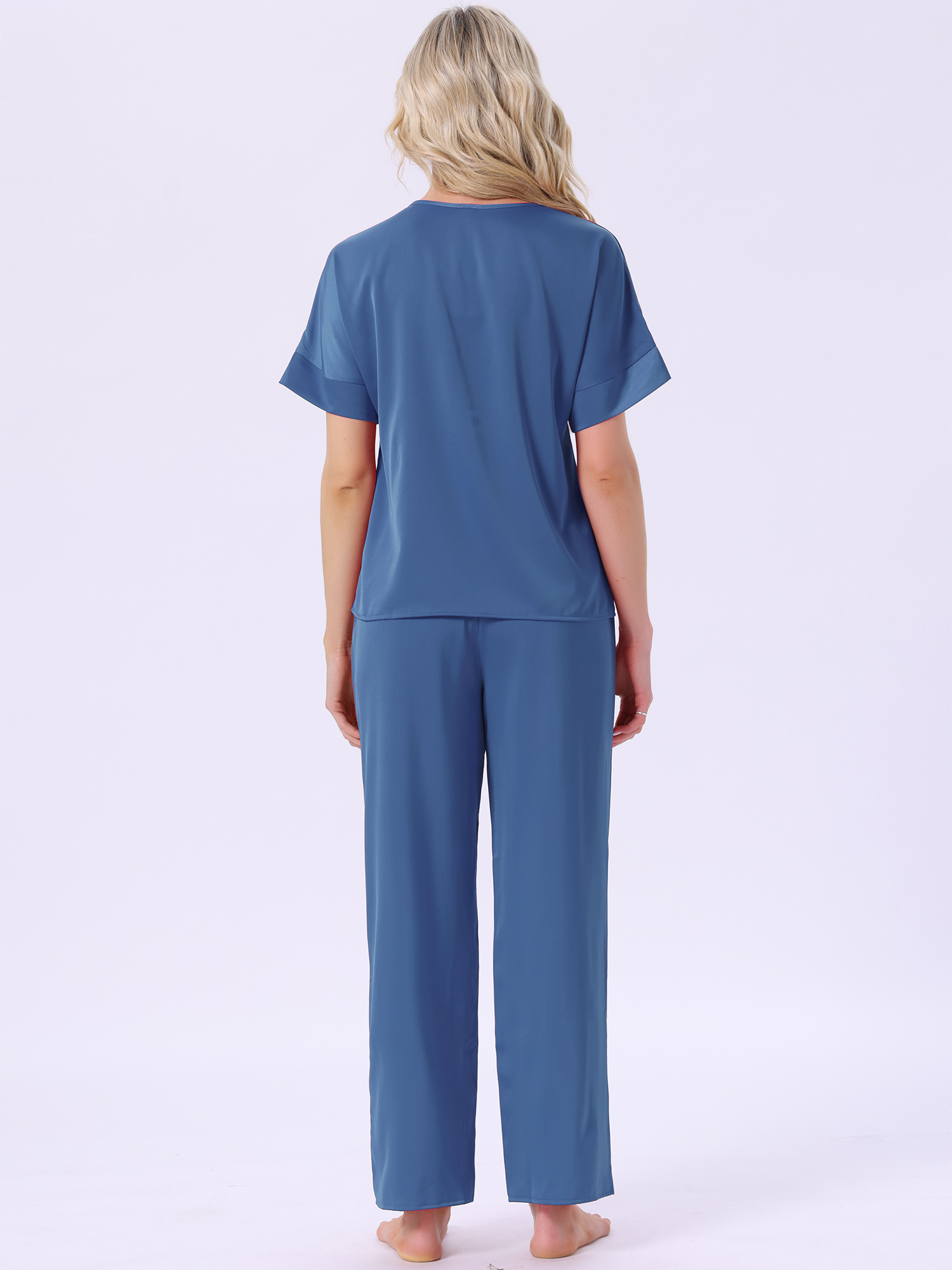 DARING DIVA Satin Pajamas Silky Short Sleeve V Neck Shirt Long Pant Set XL Blue
