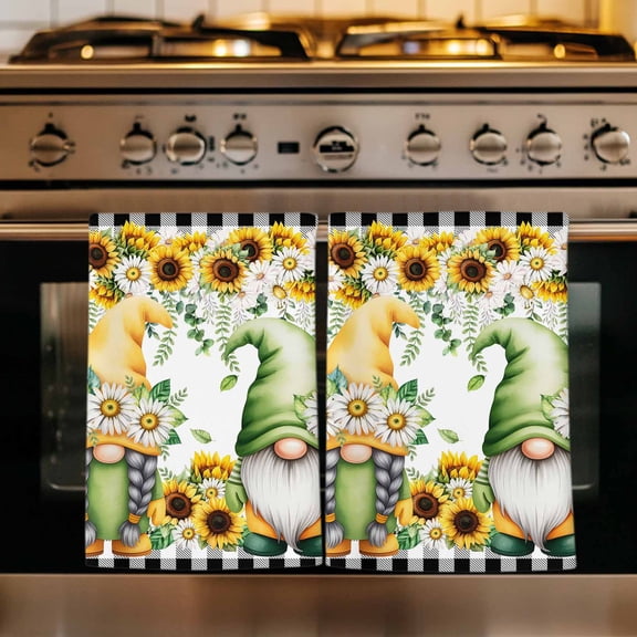 Sunflower Gnomes Kitchen Towels Set of 2, Spring Farmhouse Country Daisy Leaf Plaid Absorbent Dish Towels for Kitchen, Microfiber Hand Towel, Quick Drying Tea Towel for Cleaning Decorative Dishcloths