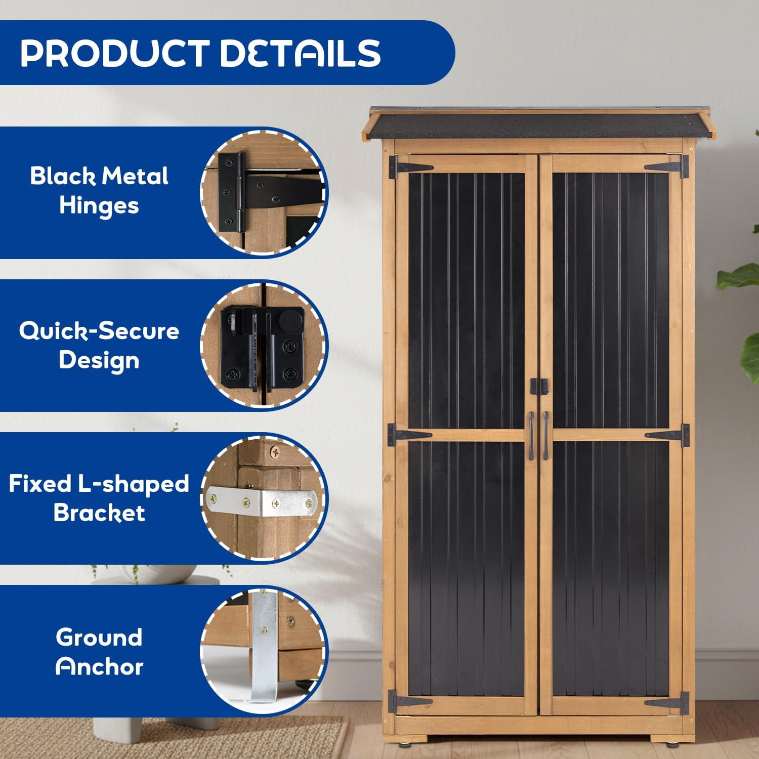 Outdoor Storage Cabinet Storage Shed, Patio Storage Cabinet Outside Weather-Resistant for Garden Garage Backyard Pool with 3 Removable Shelves, Waterproof Roof, Adjustable Feet