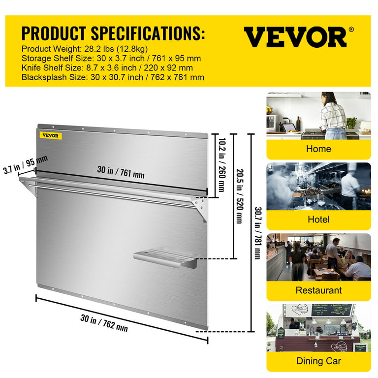 VEVOR Range Backsplash with Shelf 30 x 30.7 inch Range Hood Wall Shield Stainless Steel Backsplash Silver Splash Plate for Range Hood Stainless