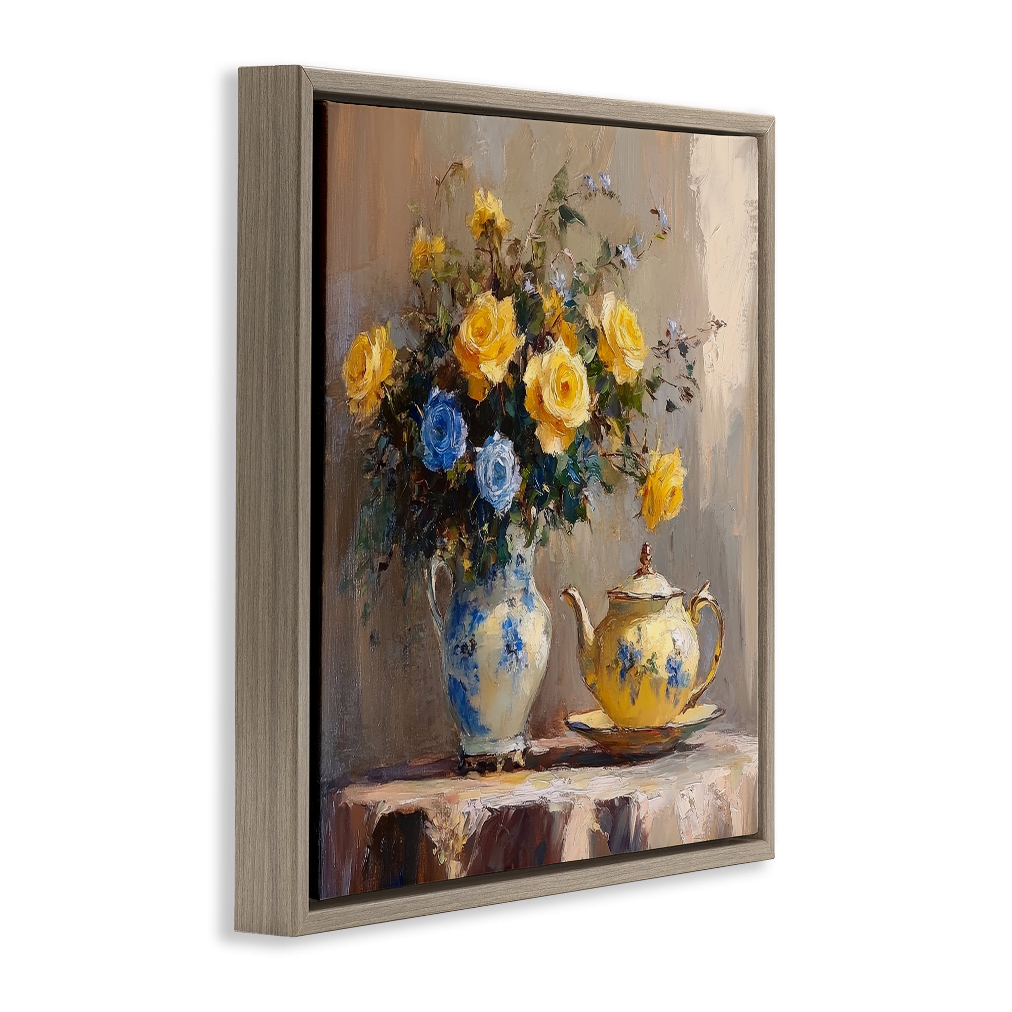 Stupell Industries Tea Time Blue & Yellow Bouquet Brown Framed Floater Canvas Wall Art, design by Petal Prints Design