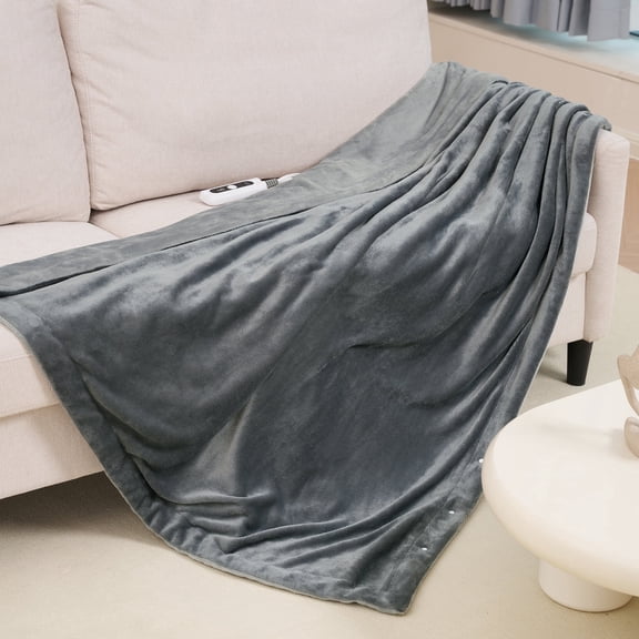 MaxKare Heated Throw Blanket, OEKO TEX Certified, Electric Blanket with 3 Button Adjust Fix, 6 Heat Levels, 4H Auto-off, Light & Dark Gray Flannel