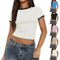 thumbnail image 6 of WTXUE Women'S T-Shirts Women's 2024 Summer Saving 2 Pack Short Sleeve Crop Tops Crewneck Color Block Slim Fitted Knit Basic Tee Shirts, White Large, 6 of 6