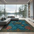 thumbnail image 2 of ODIKA Ocean Scrolled Border Stained Entryway Teal Beachy Nautical Turtle Refined Foldable Easy Care for Queen Size Bedroom, Under Bed, Master Suite, 2 of 7