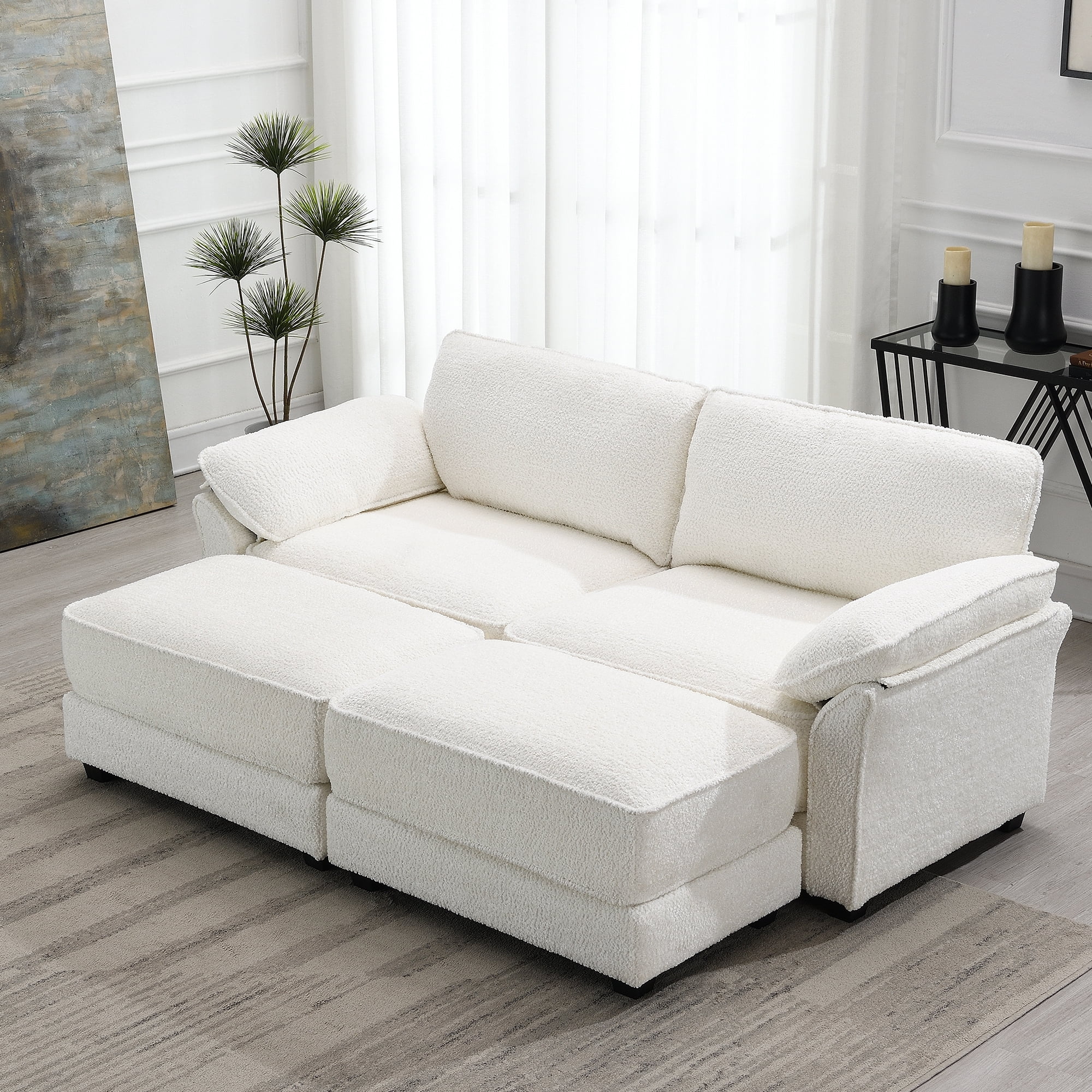 EUROCO 81" Modular Convertible Sectional Sofa Bed Set, Combinational 4 Seat Upholstered Sleeper Corner Couch Deep-Seat Loveseat with Removable Armrest Bag and Ottoman for Living Room, White
