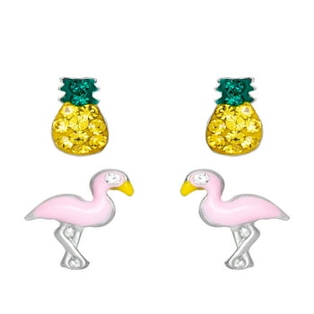 Brilliance Fine Jewelry Girls Sterling Silver Crystal Pineapple and Flamingo Stud Earring Set