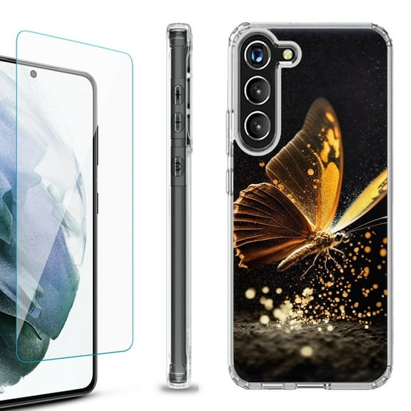 OneToughShield ® for Samsung Galaxy S23  S23 Plus 5G Shockproof Bumper Phone Case, with Tempered Glass Screen Protector - Golden Butterfly
