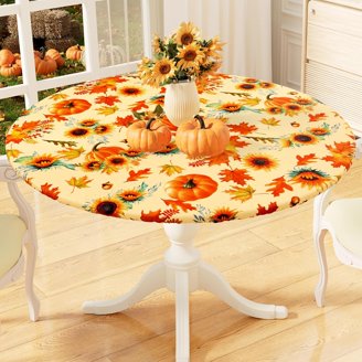 Oval Thanksgiving Tablecloth – Orange Pumpkins & Sunflowers Waterproof Fitted Table Cover, 42 X 60 Inches, Elastic Edge